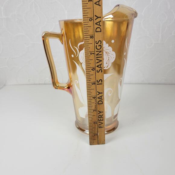 Vintage Jeanette Marigold Pitcher 9" Amber Peach Carnival Glass‎ Feather - Picture 12 of 13